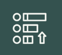 Icon with three circles in rows and a two column bar with an increasing right column and an arrow pointing up